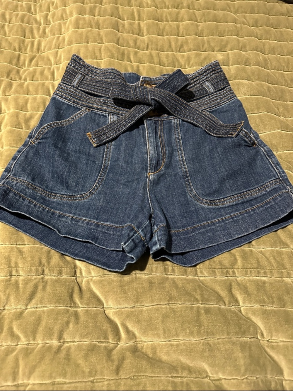 Pilcro and the Letterpress Dark Blue High-Waist Tie-Belt Denim Shorts